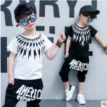 童装男童套装2018新款儿童夏装中大童闪电短袖上衣两件套运动服潮图1