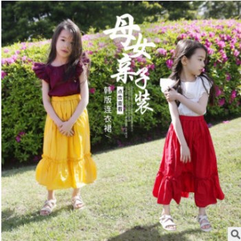 母女亲子装夏装2018女童连衣裙童装韩版纯色中大童无袖连衣裙批发图1