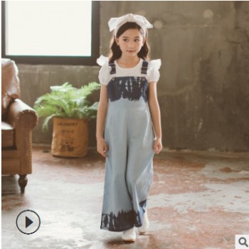 母女亲子装夏装2018新款韩版女童牛仔背带裤 儿童阔腿裤子亲子服图1