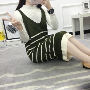 春秋女装新款条纹马甲甜美百搭宽松中长款条纹针织背心吊带连衣裙图1