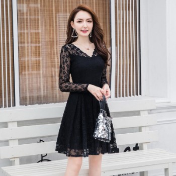 2018秋季新款蕾丝连衣裙韩版V领大码女装修身显瘦中长裙一件代发图1