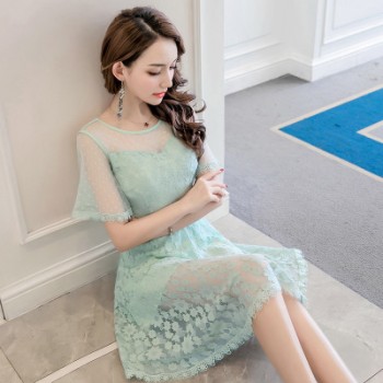 夏季连衣裙女2018新款蕾丝网纱连衣裙韩版大码女装 一件代发女装图1