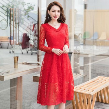 一件代发2018新款秋季女装韩版大码时尚花边v领a字裙蕾丝连衣裙秋图1