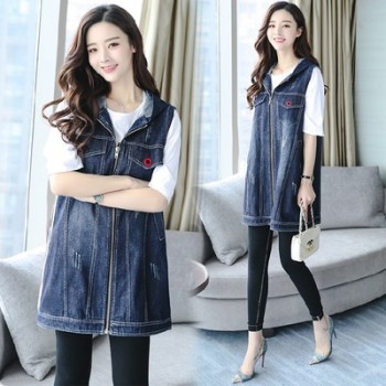 实拍2018时尚女士大码牛仔马夹刺绣连帽中长款马甲无袖外套女潮图1