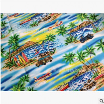 现货梭织印花布 夏威夷椰树花帆船印花沙滩裤热带雨林风格印花