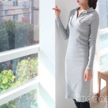 秋冬新款女装纯棉长袖针织连衣裙韩版大码时尚螺纹修身显瘦长裙V图1