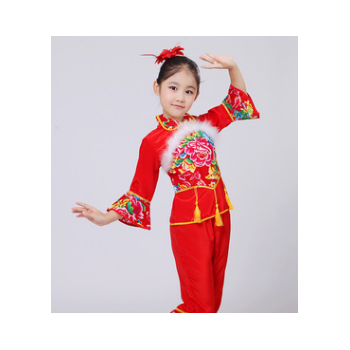 东北大花布儿童秧歌服装元旦舞台装民族服装扇子腰鼓舞蹈演出服图1