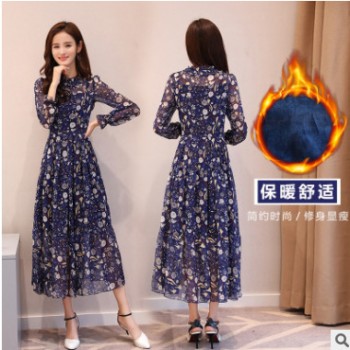 2018秋装雪纺大码女装加绒加厚显瘦连衣长裙碎花大摆裙一件代发图1