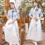 改良汉服汉元素女立领五分喇叭袖 复古上衣大摆绣花长裙
