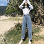 2019春秋季新款 韩版时尚复古女式高腰宽松哈伦牛仔裤女显瘦长裤
