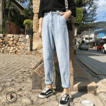 春秋季新款2019牛仔裤女式潮流港风学生高腰复古宽松哈伦裤长裤女
