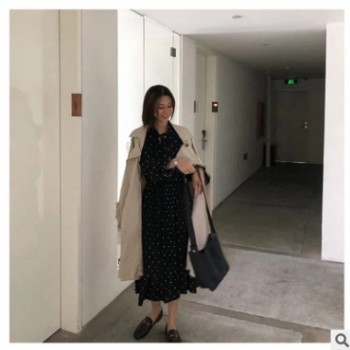 chic早秋小黑裙波点收腰pp home冷淡风初恋裙复古长袖连衣裙197
