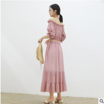 2019韩国东大门新款女式休闲套装一字领T恤上衣+松紧腰半身裙子