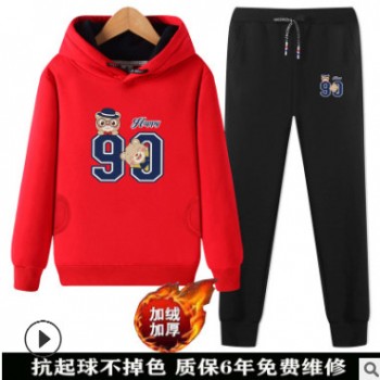 男童秋冬加绒加厚卫衣2018新款儿童运动套装中大童12-15周岁衣服