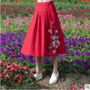 2019新款民族风绣花女装春夏半身裙棉麻中长裙大摆复古百搭四季裙图1