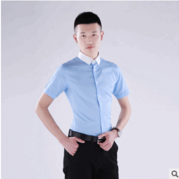 2019男式职业韩版修身新款蓝色拼领工作服夏装短袖衬衫