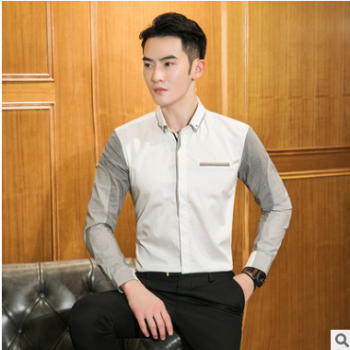 翻领男士衬衫纯棉韩版潮流长袖衬衫免烫修身商务打底衬衣一件代发图1
