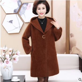 中年妈妈装连帽水貂绒外套2018秋冬中老年女装加厚中长款大衣