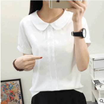 一件代发夏季白色雪纺短袖衬衫女学院风韩版圆领显瘦纯色衬衣女装
