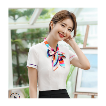 衬衫女 夏季新款彩色围巾领短袖衬衣 店员白领上班族工作服职业装图1