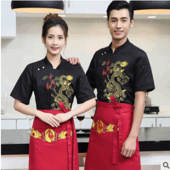 酒楼饭店厨师工作服短袖厨师服短袖快餐蛋糕点厨房工装夏季绣龙