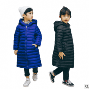 儿童棉服中长款男女童中大童长版过膝冬季保暖棉衣纯色连帽棉袄