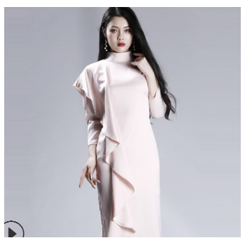 2019春季新款女装韩版连衣裙粉色立领长袖修身连衣裙加工厂家