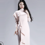 2019春季新款女装韩版连衣裙粉色立领长袖修身连衣裙加工厂家