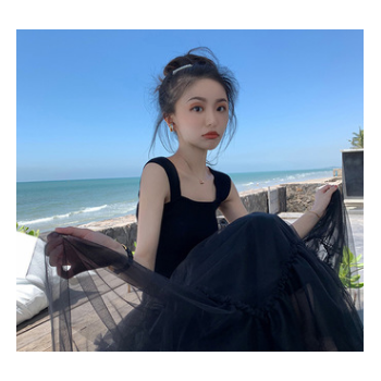FFAN泛泛 白色仙女半身裙不规则a字网纱裙子女春夏中长款高腰长裙图1