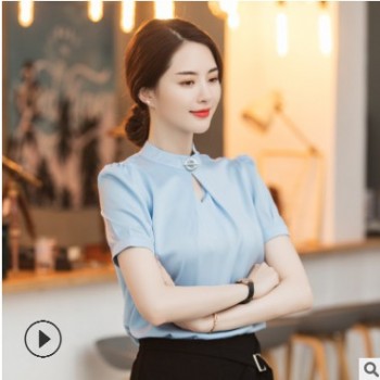 厂家直销韩版时尚气质工作服衬衣女2019年春夏职业装短袖衬衫套装图1