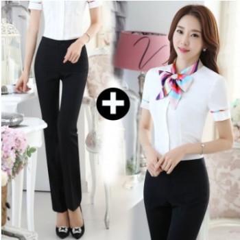 2019夏季新款修身职业装短袖白色衬衫女服务员酒店前台客服工作服