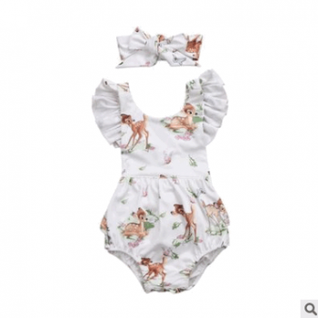 2018新款外贸夏季婴幼女童卡通小鹿哈衣蝴蝶结头饰两件套