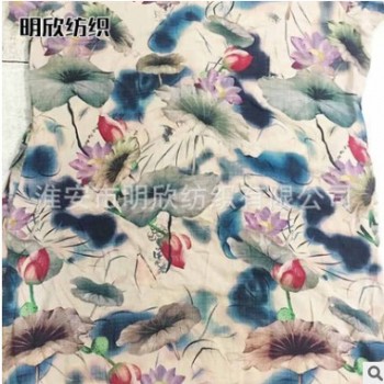 现货平布服装印花面料 60*60/90*88人棉藏青底花朵薄款女装布料