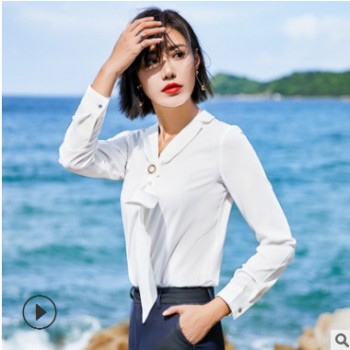 春秋季新款女式长袖衬衫V领蝴蝶结宽松韩版高档上衣衬衣一件代发图1