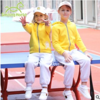 哈马新款现货双层加厚抓绒纯棉连帽儿童卫衣套装幼儿园园服校服图1