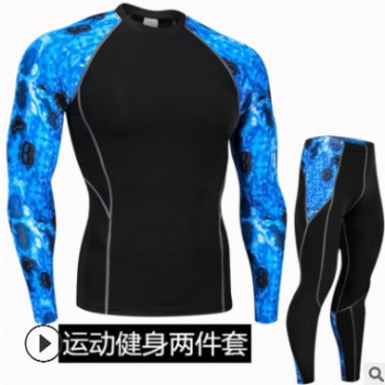 跨境亚马逊爆款现货运动健身服男两件套速干弹力跑步训练紧身套装