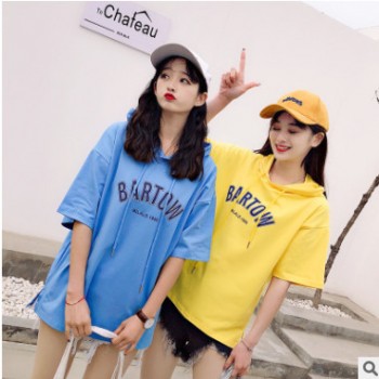 简约宽松圆领全棉短袖T恤女夏 2019夏装新款韩国刺绣连帽上衣女装图1