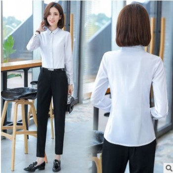 职业装女士工衣长袖衬衫韩版修身显瘦面试工作服春夏工衣正装衬衣图1