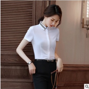 2019新款短袖OL修身职业装正装寸衫工作服工装百搭显瘦白衬衣女夏图1