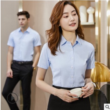 抗皱免烫衬衫男短袖白色工作服修身商务职业装衬衫男女同款工装图1