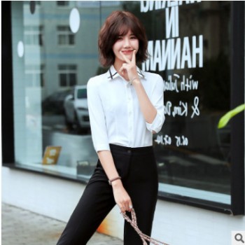 职业装女士新款蓝白色中袖衬衫大码修身面试商务正装工服春夏衬衣 一件代发