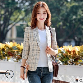 格子网红小西装外套女2019春夏新款韩版短款七分袖西服套装薄款夏