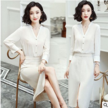 职业连衣裙夏2019新款春装时尚气质假两件套装裙通勤工作服开衩裙图1
