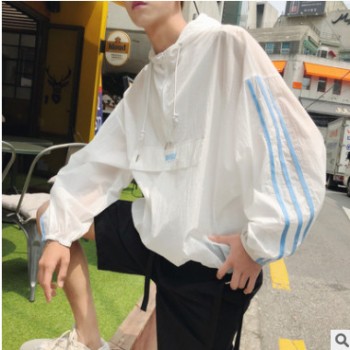 墨白 港风青少年夏季连帽防晒衣男女宽松拼色套头薄外套代发图1
