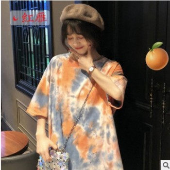 【红雁A091】 韩版撞色扎染宽松短袖圆领短袖T恤女装2019春季新款