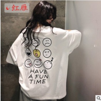 【A178】超火个性印花表情包宽松圆领百搭中长款短袖T恤女 春夏女