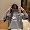 【红雁A040】韩版新春款百搭假两件拼接条纹立领宽松长袖女装T恤