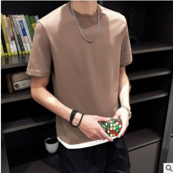 2019夏 男士纯棉短袖T恤宽松半袖全棉汗衫镶边加大码休闲青年学生图1