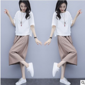 棉麻时尚套装女2019夏季新款韩版宽松裙子中长款连衣裙亚麻两件套图1
