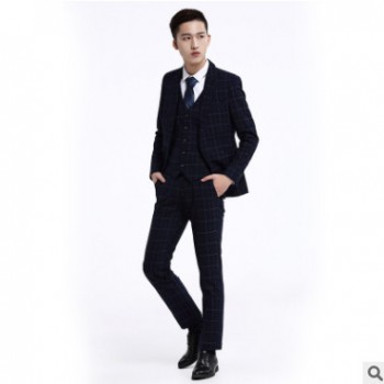 2017新款英伦潮流深蓝格子四季礼服司仪服个性修身西装三件套